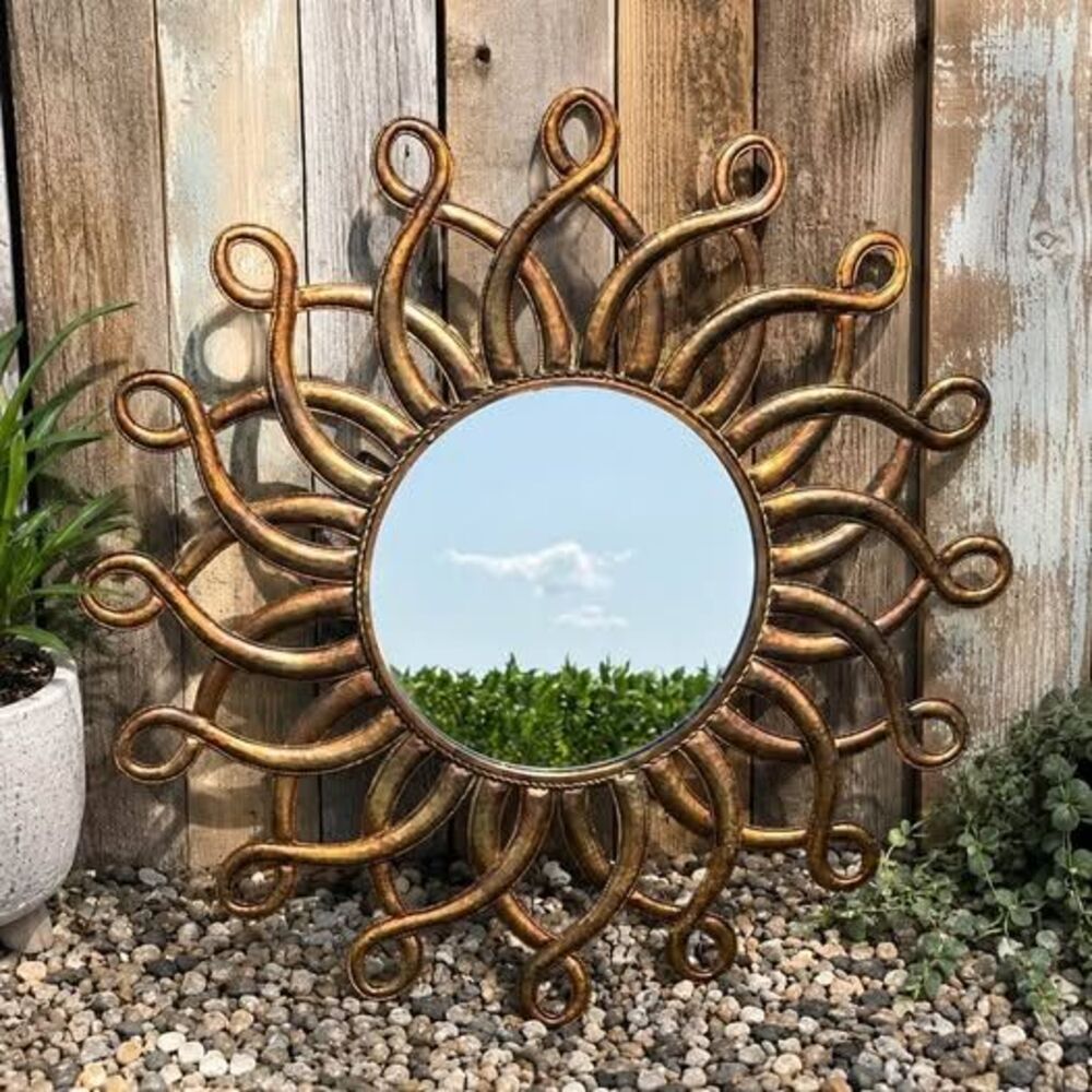 Vintage Bronze Sunburst Wall Mirror – Metal Scrollwork Accent | 25”